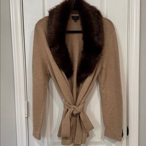 Talbots Merino Wool Cardigan with Brown Faux Fur